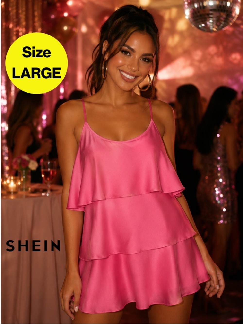 3/for $15 🍒 SHEIN Bright Pink Layered Dress (Women's Size Large)